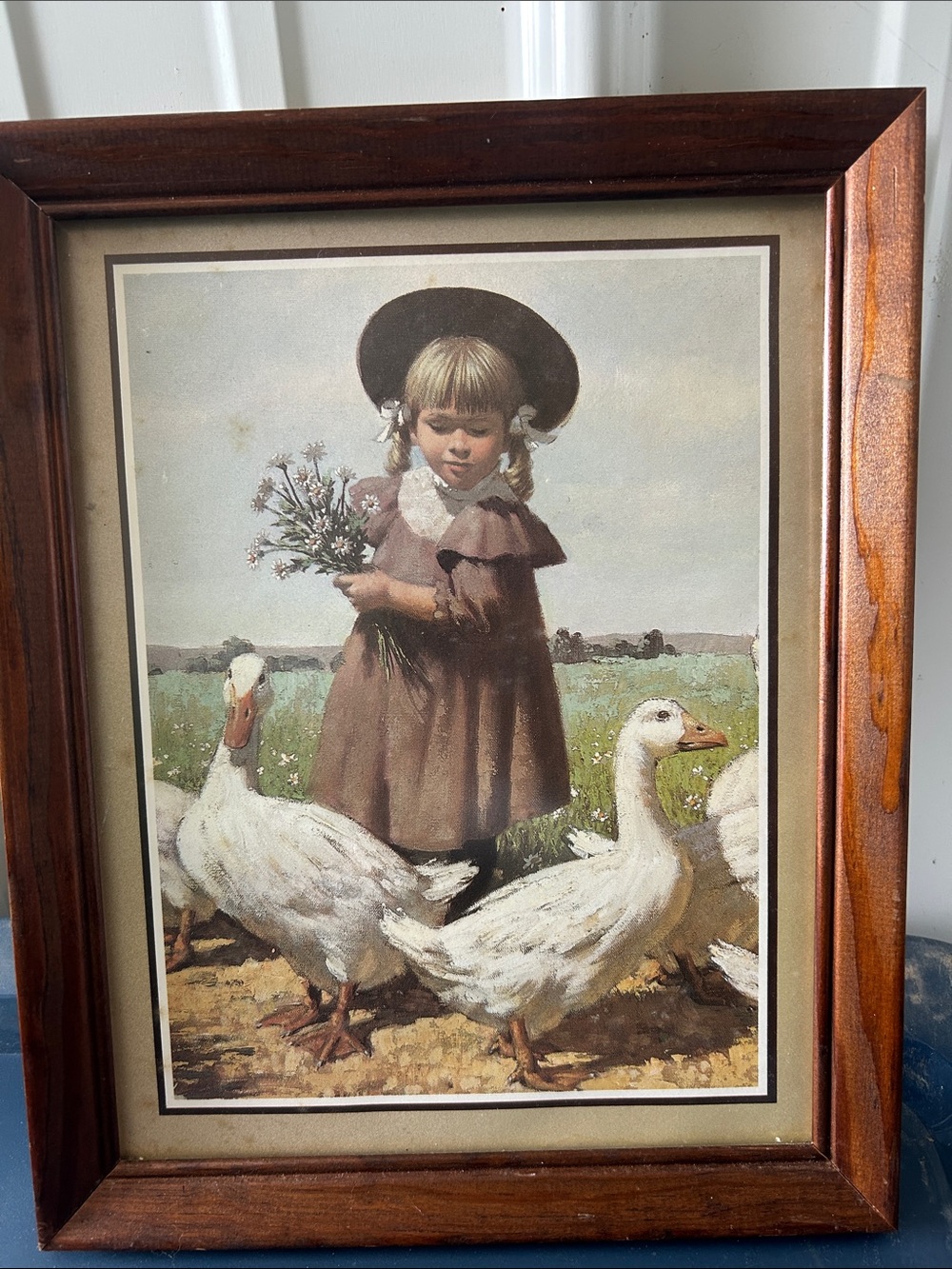 Source Unknown Brown and White Little Girl with Geese Framed Art